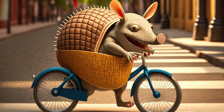 armadillo have fun bicycle ride on sunshine day in summer on town streetの素材