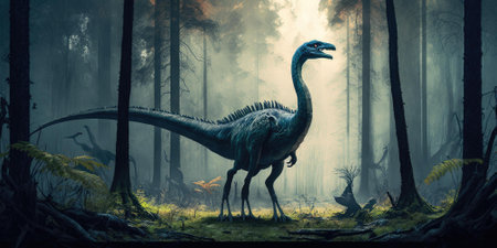 Prehistoric creature or dinosaur in the wild nature. Realistic style drawing. superlative generative AI image.の素材