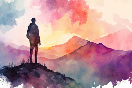 Silhouette man standing on top of mountain abstract water color majestic. Generative AI AIG15.の素材