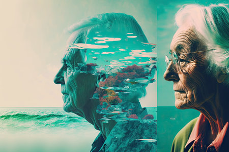 Senior adult therapist beautiful persons aqua landscape. Generative AI AIG15.の素材