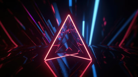 Cool geometric triangular figure in a neon laser light. Generative AI AIG21.の素材