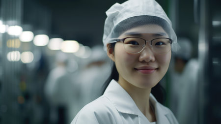 A smiling young Asian female electronic factory worker standing in factory. Generative AI AIG19.の素材