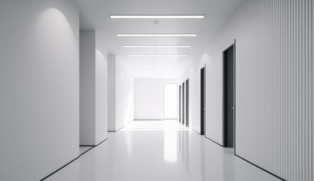 Clean and empty hallway background in white office. Generative AI AIG20.の素材