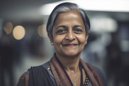 Mature smart indian businesswoman, smiling face, standing in blur background of busy office. Generative AI AIG20.の素材