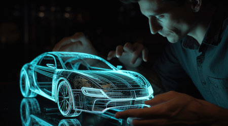 A man holding an animated model of an automobile in the style of holographic. Generative AI AIG21.の素材