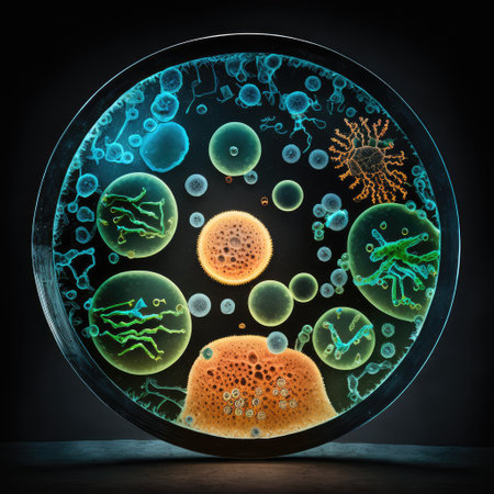 Close up of bacteria and virus cells in science laboratory sample dish for serumの素材