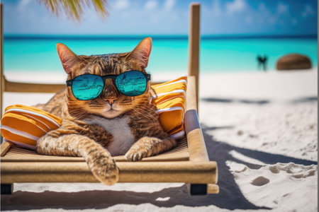 Close-up chilling adorable cat on the beach wearing eyeglasses in summer sunlight concept. Finest generative AI.の素材