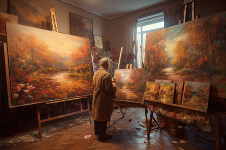 The senior artist working on canvas at easel in his studio. Generative AI AIG21.の素材