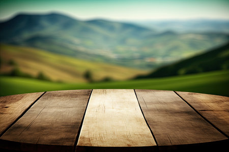 Wooden table background on a blur high green hills mountain. Generative AI AIG15.の素材