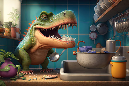 Funny Tyrannosaurus rex dinosaur cartoon character. Concept of diverse feeling. Glorious Generative AI.の素材