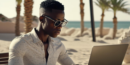 Business person use laptop computer in luxury resort hotel beach club in summer. superlative generative AI image.の素材