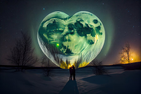 Kissing romantic couple passionately against dust starry in cosmic sky. Abstract art of lover in mysterious landscape under glowing colorful neon northern light. Glorious generative AI.の素材