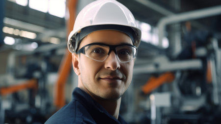 30s male engineer, happy face, standing in blur background of robotic factory. Generative AI AIG20.の素材