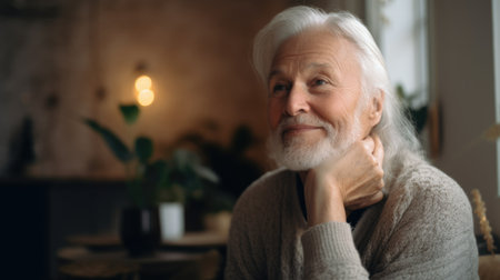 Ambitious rich hispanic mature man looking at camera inside his house with boho interior. Generative AI AIG20.の素材