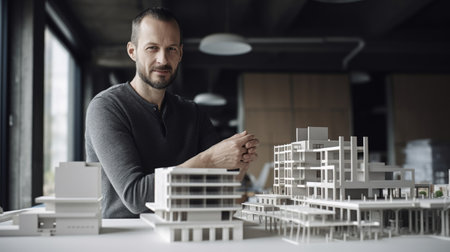 A male architect holding building model in office. Generative AI AIG21.の素材