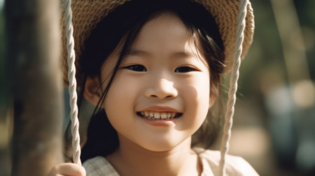 Close up smiling face, young asian girl playing on a swing, happiness, childhood, freedom, vitality, outdoor fun, carefree, sunlight. Generative AI AIG20.の素材