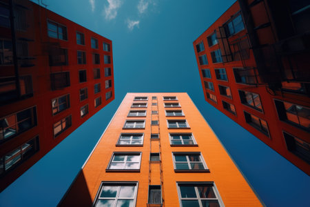 Low angle shot of a unique high rise orange building touching the blue sky. Generative AI AIG21.の素材