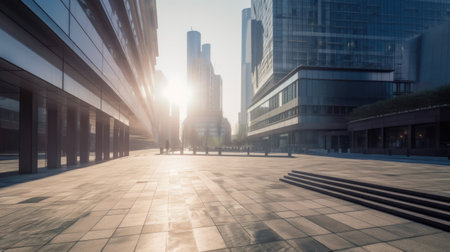 Empty town square with concrete floor in front of office buildings. Generative AI AIG21.の素材