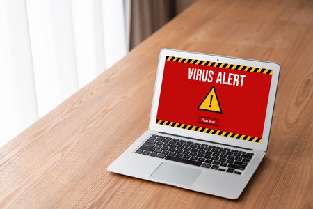 Virus warning alert on computer screen detected modish cyber threat , hacker, computer virus and malwareの写真素材