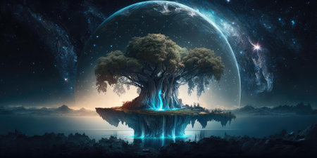 Fantasy fairytale sphere island floating in universe of night sky. superlative generative AI image.の素材