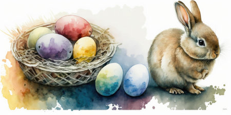 Happy bunny rabbit with easter eggs. Colorful Easter holiday celebration. superlative generative AI image.の素材