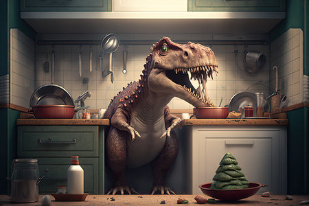 Funny Tyrannosaurus rex dinosaur cartoon character. Concept of diverse feeling. Glorious Generative AI.の素材