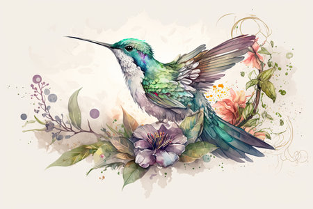 Colorful humming bird on stick tree with flower in watercolor design artistic. Concept of painting technique isolated on white background in canvas. Glorious generative AI.の素材