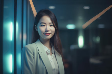 Young smart asian businesswoman, smiling face, standing in blur background of creative colorful office interior design. Generative AI AIG20.の素材