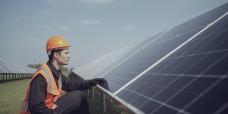 Male engineer working at solar farm wearing hard hat. Generative AI AIG20.の素材