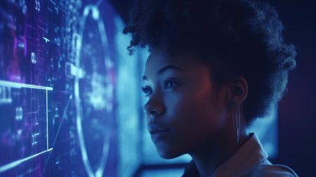 Young black woman with wonder, curiosity, looking at holographic digital display, futuristic technology, innovation. Generative AI AIG20.の素材