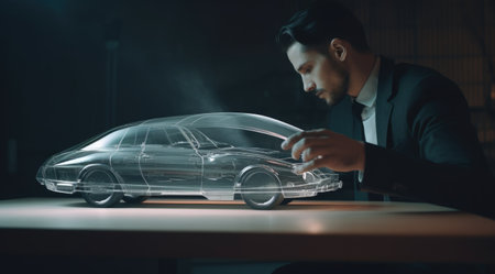 A business man touching a model of modern automobile car on a tabletop. Generative AI AIG21.の素材