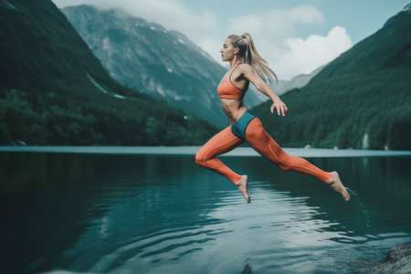 Athletic woman in sport outfit flying over the lake. distinct generative AI image.の素材