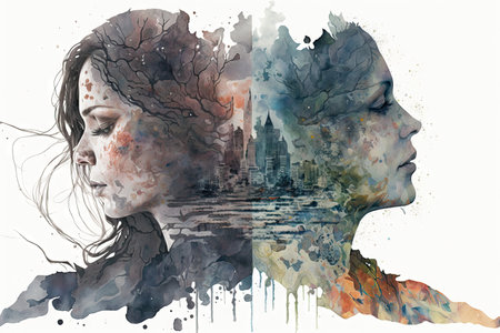 double exposure of an adult reconciling with herself. Glorious Generative AI.の素材