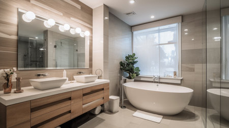 Interior design of Bathroom in Contemporary style with Freestanding Tub decorated with Glass Shower, Subway Tile material. Modern architecture. Generative AI AIG24.の素材
