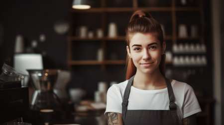 Smiling female barista wearing apron standing in counter of the coffee shop. Generative AI AIG21.の素材