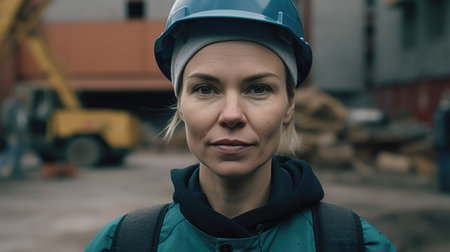 A smiling Swedish female construction worker standing in construction site. Generative AI AIG19.の素材