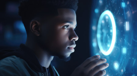 Young black male with wonder, curiosity, looking at holographic digital display, futuristic technology, innovation. Generative AI AIG20.の素材