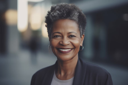 Mature smart african-american businesswoman, smiling face, standing in blur background of modern office building. Generative AI AIG20.の素材