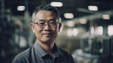 A smiling senior Chinese male electronic factory worker standing in factory. Generative AI AIG19.の素材