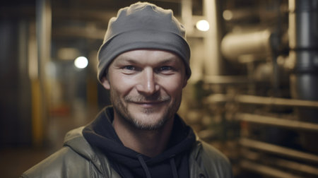 A smiling Swedish male factory worker standing in oil refinery plant. Generative AI AIG19.の素材