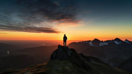Silhouette of a person standing on the top of a hill under the beautiful colorful sky in the morning. Generative AI AIG21.の素材