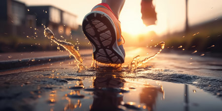 Close up view of runner sport shoes sprint running on track. distinct generative AI image.の素材