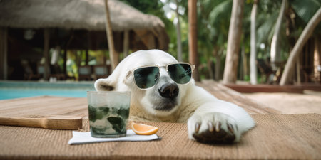 polar bear is on summer vacation at seaside resort and relaxing on summer beachの素材