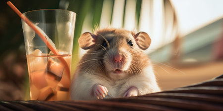 Hamster is on summer vacation at seaside resort and relaxing on summer beachの素材