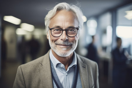 Mature smart swedish businessman, smiling face, standing in blur background of busy office. Generative AI AIG20.の素材