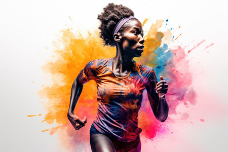 Heroic double exposure colorful photo of a well trained female African runner speedy running. Generative AI AIG19.の素材