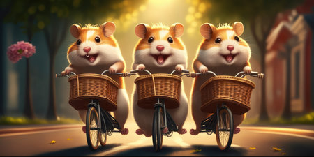 hamsters have fun bicycle ride on sunshine day in summer on town streetの素材