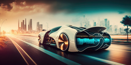 Futuristic electric car, super car driving on city highway road with motion blur. distinct generative AI image.の素材