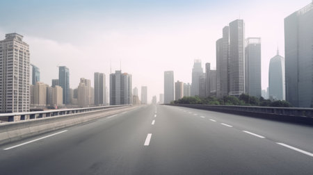 highway road with background of skyscraper backdrop downtown. Generative AI AIG21.の素材
