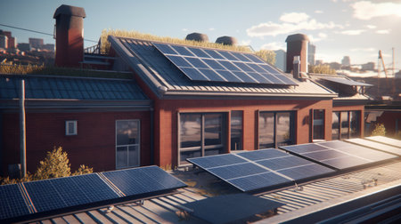 Close up view of solar panels on house rooftop . Generative AI AIG19.の素材